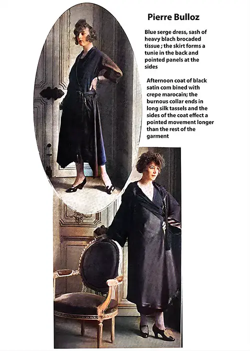 Pierre Bulloz Designs a Blue Serge Dress Adorned With a Heavy Black Brocaded Fabric Sash. the Skirt Features a Tunic Design at the Back and Pointed Panels on the Sides. Below the Dress Is an Afternoon Coat Crafted From Black Satin and Crêpe Marocain. the Burnous Collar Is Embellished With Long Silk Tassels, While the Sides of the Coat Create a Pointed Silhouette That Extends Longer Than the Rest of the Garment.
