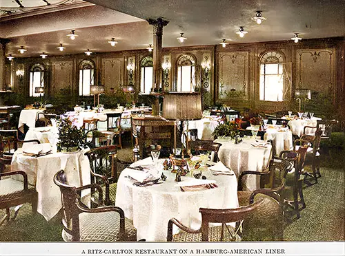 First Class Ritz-Carlton Restaurant on a Hamburg-American Steamship circa 1910.