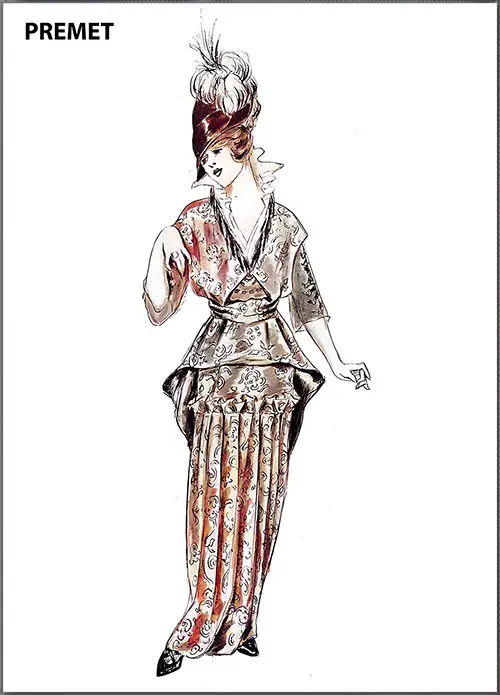 Premet's Interpretation of the "Butterfly Gown" Is Given in This Afternoon Frock of Taupe Velvet and Satin Brocade.