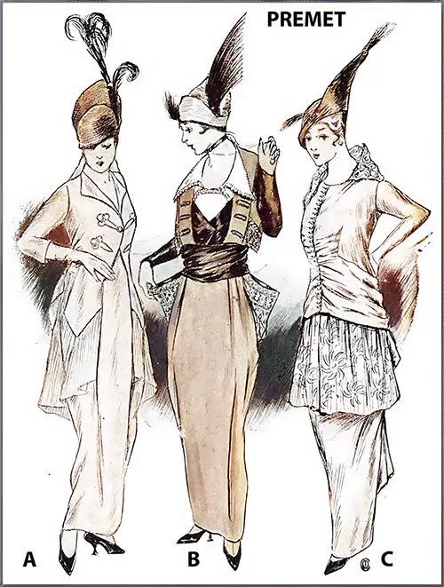 A Gown, Blouse on a Blue Serge Frock, and an 1880 Frock by Premet.