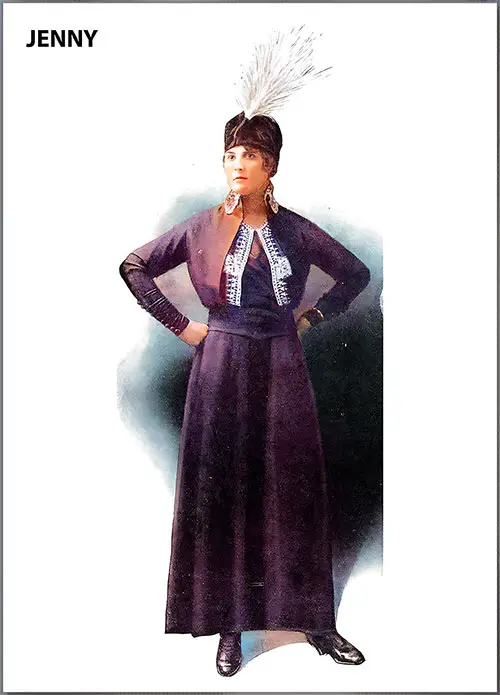 In This Model, Jenny Has Dropped a Full Tunic of Navy Blue Serge Over a Black Satin Underdress.