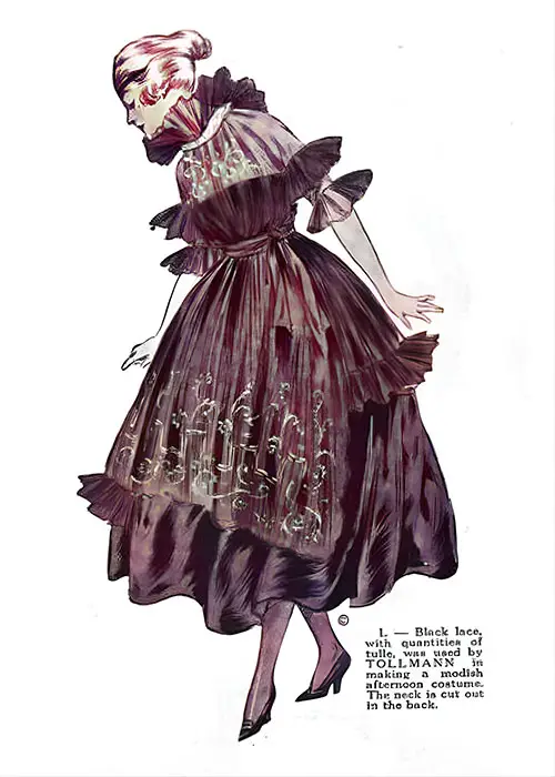 Tollmann Used Black Lace With Quantities of Tulle in Making a Modish Afternoon Costume. the Neck Is Cut Out in the Back.
