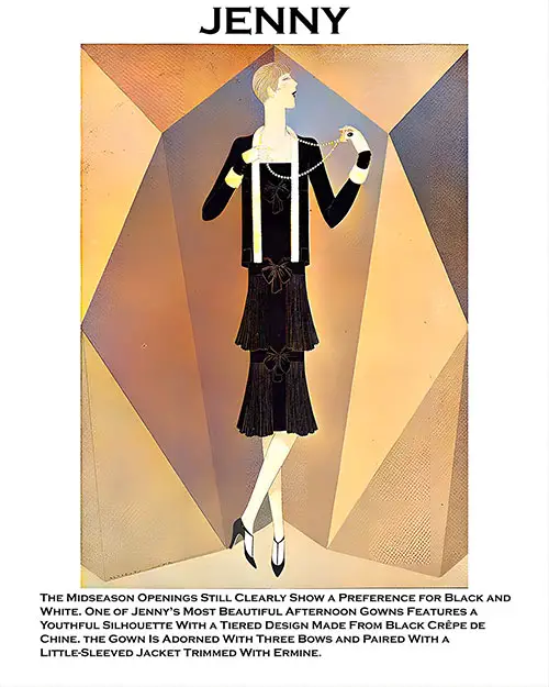 One of Jenny’s Most Beautiful Afternoon Gowns Features a Youthful Silhouette With a Tiered Design Made From Black Crêpe de Chine. The Gown Is Adorned With Three Bows and Paired With a Little-Sleeved Jacket Trimmed With Ermine.
