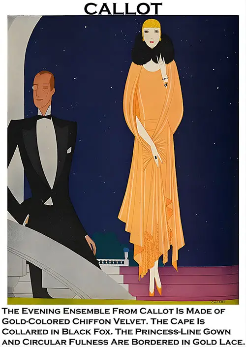 GGA Image ID # 22600c4007 An Evening Ensemble by Callot Made of Gold Chiffon Velvet. The Cape Features a Black Fox Collar. The Princess-Line Gown Has Circular Fullness and Is Bordered With Gold Lace.