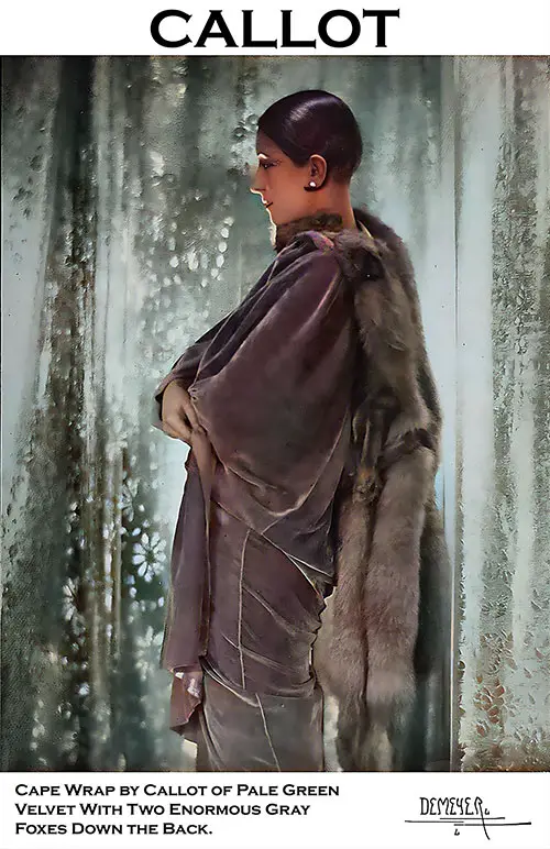 GGA Image ID # 226063c493 Cape Wrap by Callot of Pale Green Velvet With Two Enormous Gray Foxes Down the Back.