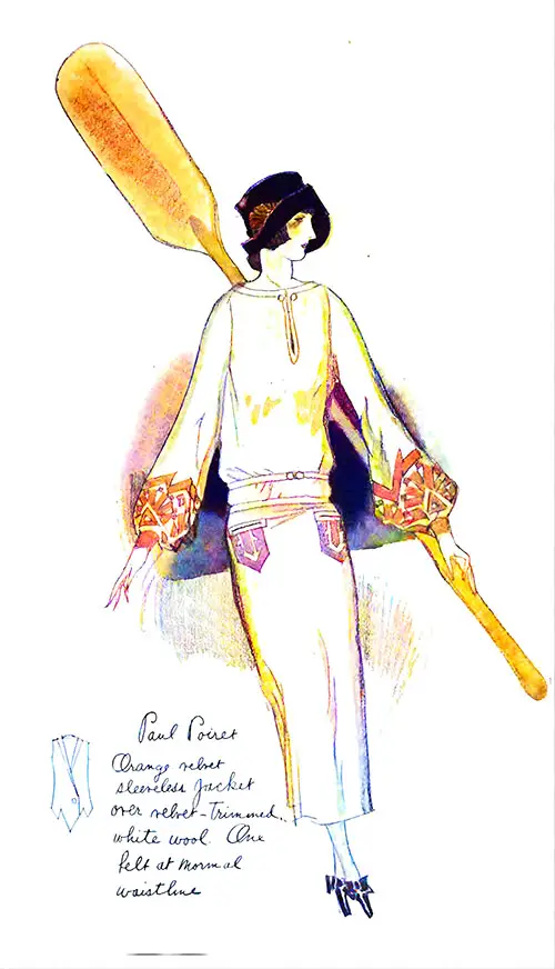 Paul Poiret Orange Velvet Sleeveless Jacket Over Velvet-Trimmed White Wool. One Belt at Normal Waistline.