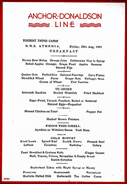 RMS Athenia Breakfast Bill of Fare Card 29 August 1930