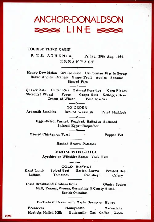 Tourist Third Cabin Breakfast Menu Card From 29 August 1930 on Board the RMS Athenia of the Anchor-Donaldson Line.