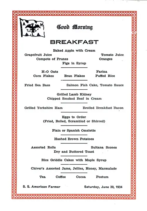 Rare Vintage Breakfast Menu Card from Saturday, 30 June 1934 on Board the SS American Farmer of the American Merchant Lines Featured a Typical Selections for That Era.
