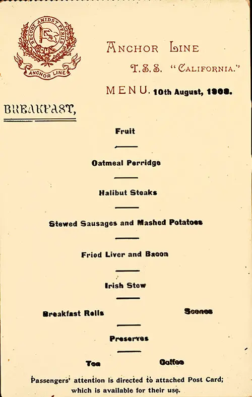 Second Class Breakfast Menu Postcard From 10 August 1908 Onboard the TSS California of the Anchor Line.