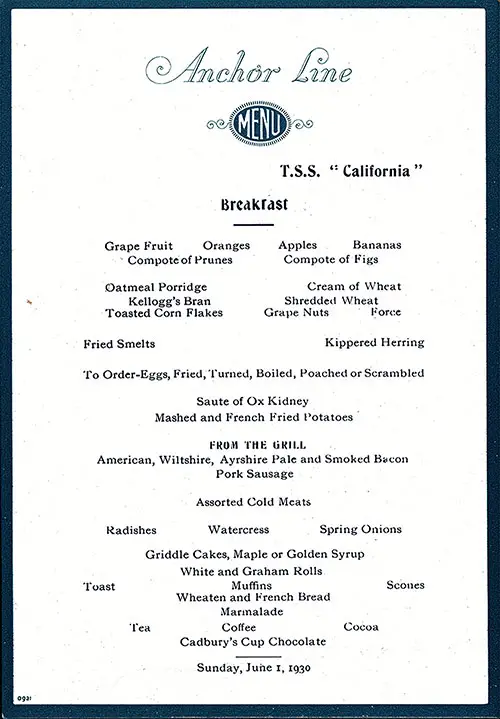 Tourist Class Breakfast Menu Card on Board the TSS California of the Anchor Line for Sunday, 1 June 1930.