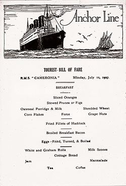 Front Cover, Breakfast Menu Card, Tourist Class on the RMS Cameronia of the Anchor Line, Monday, 11 July 1927.