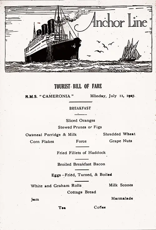 RMS Cameronia Tourist Class Breakfast Menu Card from Monday, 11 July 1927.