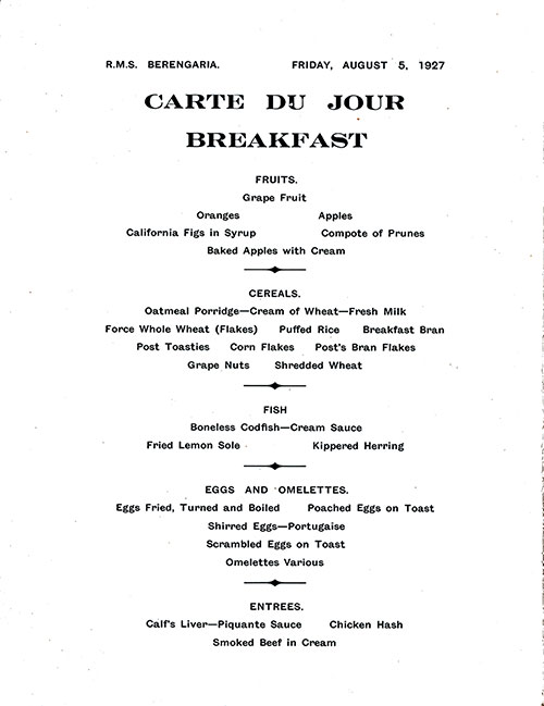 Page 1 of Carte du Jour Menu Items from the Breakfast Menu from 5 August 1927 on board the RMS Berengaria of the Cunard Line.