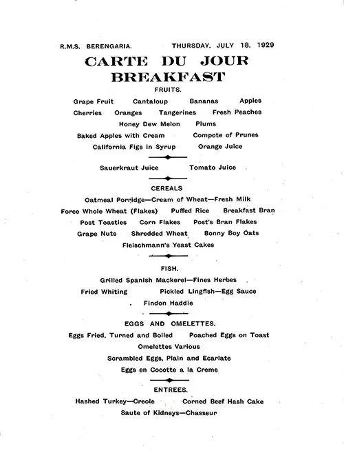 Bill of Fare Items (Fruits, Cereals, Fish, Eggs and Omelettes, Entrees)