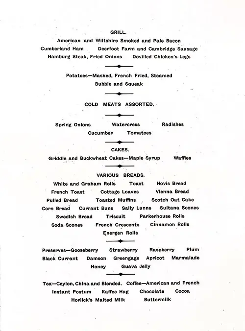 Bill of Fare Items (Grill, Cold Meats, Cakes, Breads, Jams and Jellies, Beverages)