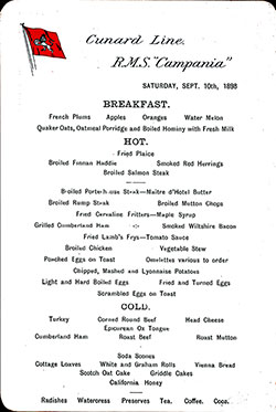 RMS Campania Breakfast Bill of Fare Card 10 September 1898