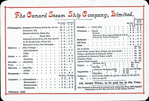 An Excellent Example of a Vintage February 1898 Wine List Menu Card From the Cunard Line Included Items Such as Liquor, Beverages, and Tobacco.