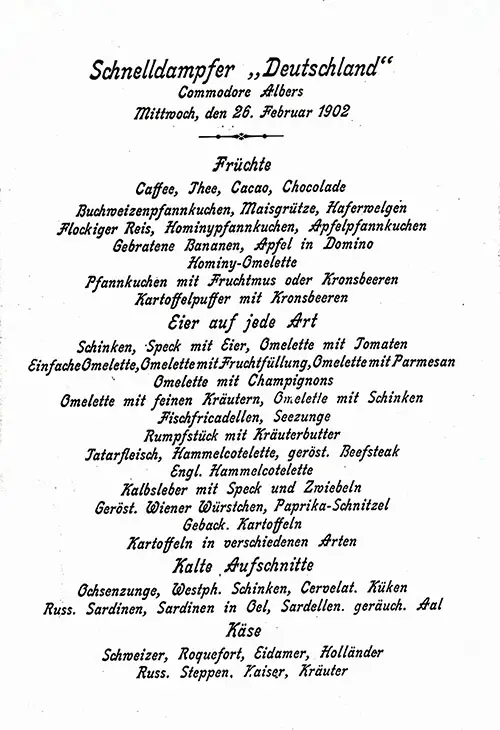 Bill of Fare in German from the Vintage Breakfast Menu From Wednesday, 26 February 1902 for the SS Deutschland of the Hamburg America Line