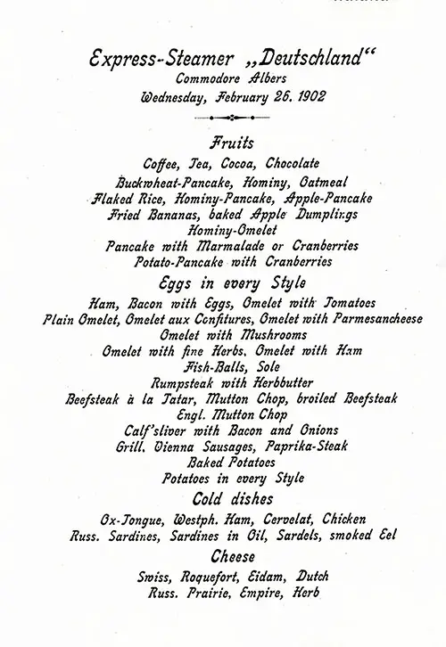 SS Deutschland Breakfast Menu From Wednesday, 26 February 1902.