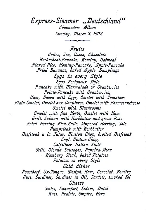 SS Deutschland First Class Breakfast Menu Card From Sunday, 2 March 1902.