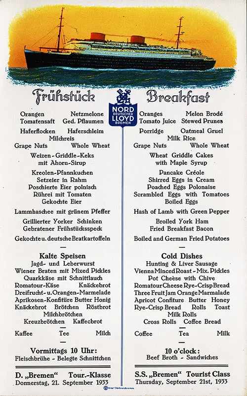 Tourist Class Breakfast Menu Card from North German Lloyd (Norddeutscher Lloyd Bremen) on the SS Bremen for Thursday, 21 September 1933.