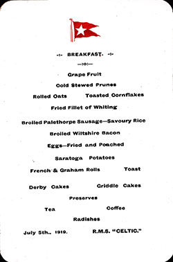 RMS Celtic Breakfast Bill of Fare Card 5 July 1919