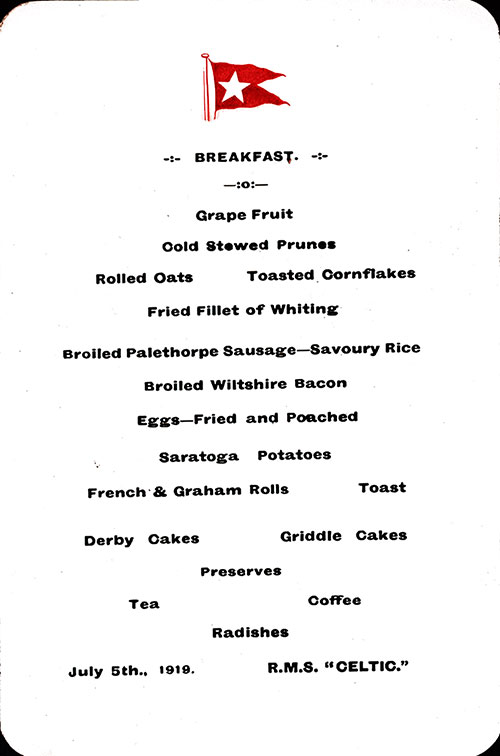 Post World War I Third Class Breakfast Menu Card From Saturday, 5 July 1919 Onboard the RMS Celtic of the White Star Line.