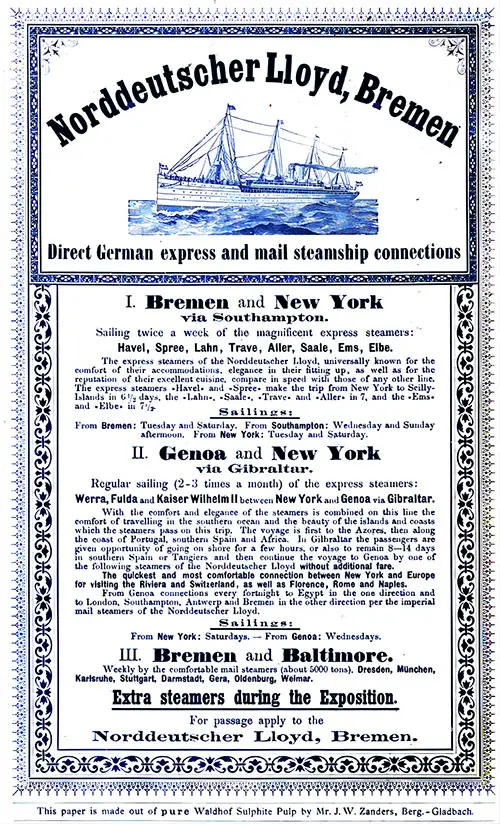 Advertisement (1893): Norddeutscher Lloyd German Express Mail Steamship Connections Promoting the 1893 World's Columbian Exposition in Chicago.