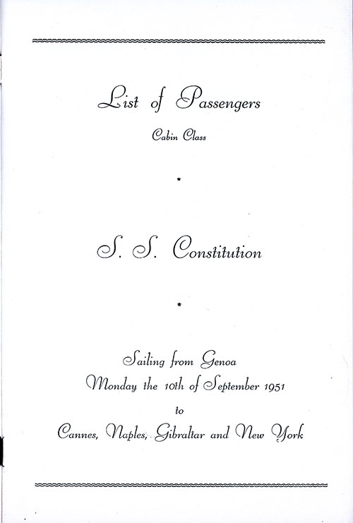 Title Page, SS Constitution Cabin Class Passenger List, 10 September 1951.