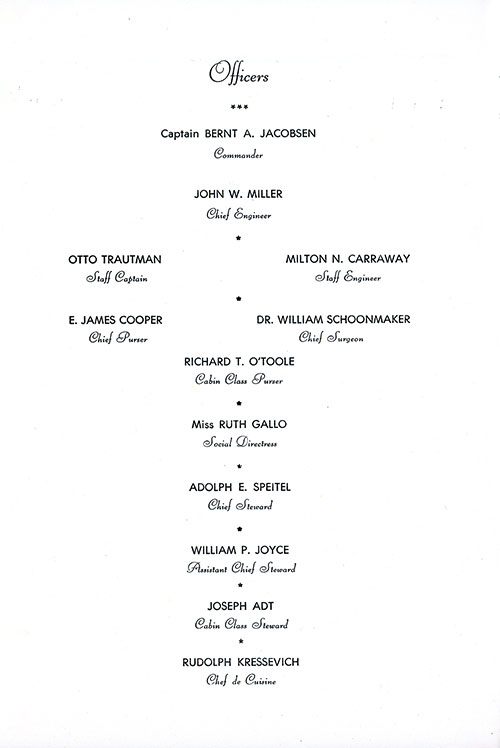 List of Senior Officers and Staff, SS Constitution Cabin Class Passenger List, 10 September 1951.