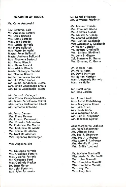 List of Passengers, Embarked at Genoa, Part 1 (Mr. Carlo Ambrosini-Mrs. Jerry Mei), SS Constitution Cabin Class Passenger List, 10 September 1951.