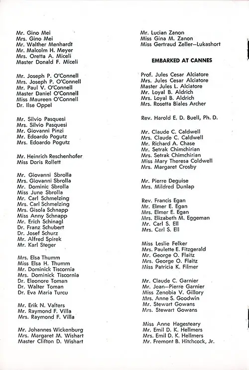 List of Passengers, Embarked at Genoa, Part 2 (Mr. Gino Mei-Miss Gertraud Zeller-Lukashort), Embarked at Cannes, Part 1 (Prof. Jules Cesar Alciatore-Mr. Fremont B. Hitchcock), SS Constitution Cabin Class Passenger List, 10 September 1951.