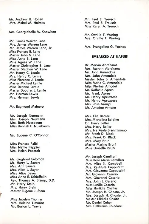 List of Passengers, Embarked at Cannes, Part 2 (Mr. Andrew H. Hollen-Mrs. Evangeline G. Yeonas and Embarked at Naples, Part 1 (Dr. Mervin Abrahams-Mrs. Catherine Coladarci), SS Constitution Cabin Class Passenger List, 10 September 1951.