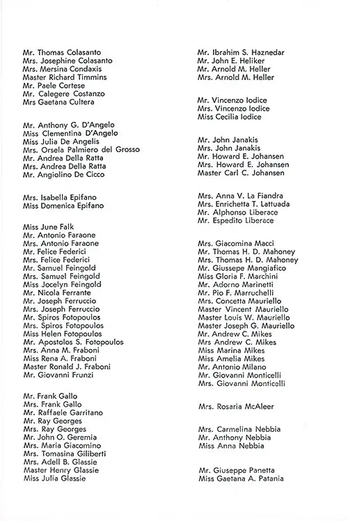 List of Passengers, Embarked at Naples, Part 2 (Mr. Thomas Calasanto-Miss Gaetana A. Patania), SS Constitution Cabin Class Passenger List, 10 September 1951.