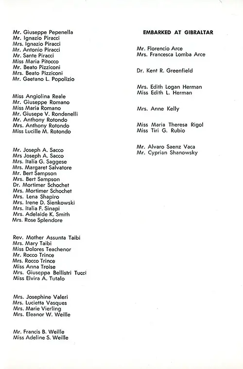List of Passengers, Embarked at Naples, Part 3 (Mr. Giuseppe Pepenella-Miss Adeline S. Weille) and Embarked at Gibraltar (Mr. Florencio Arce-Mr. Cyprian Shanowsky), SS Constitution Cabin Class Passenger List, 10 September 1951.