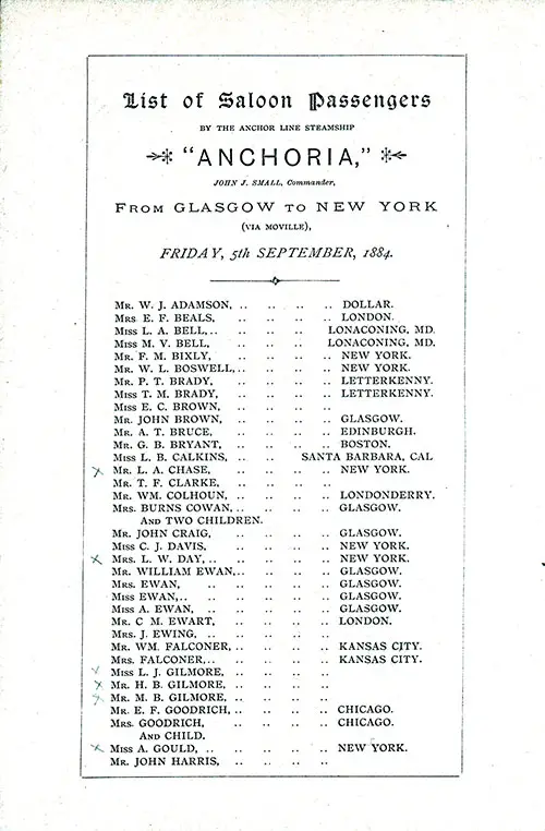 Title Page with Passengers, Part 1, SS Anchoria Saloon Passenger List, 5 September 1884.