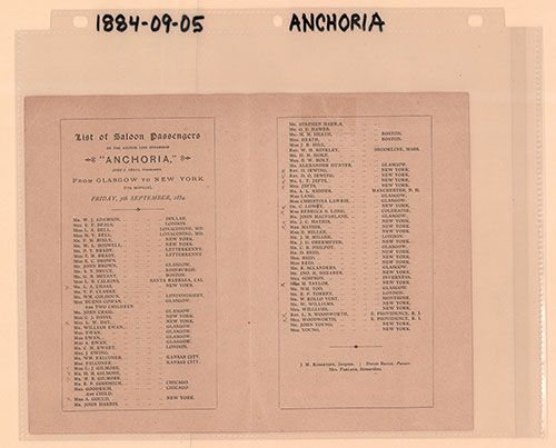 Archival Image Front Side: SS Anchoria Saloon Passenger List, 5 September 1884.