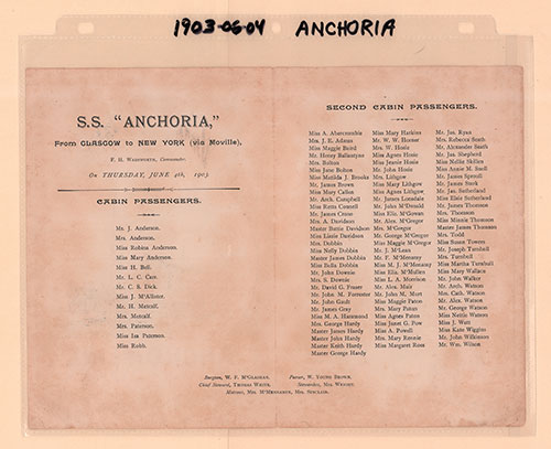 Archival Image Front SS Anchoria First and Second Cabin Passenger List, 4 June 1903.