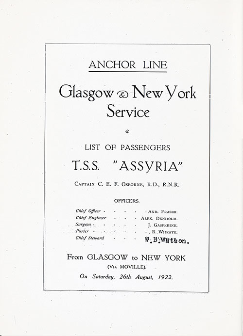 Title Page, TSS Assyria Cabin Passenger List, 26 August 1922.