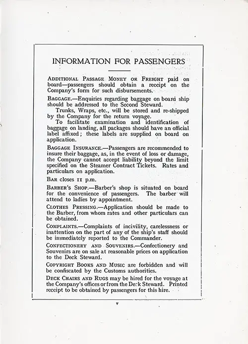 Information for Passengers, Part 1, TSS Assyria Cabin Passenger List, 26 August 1922.