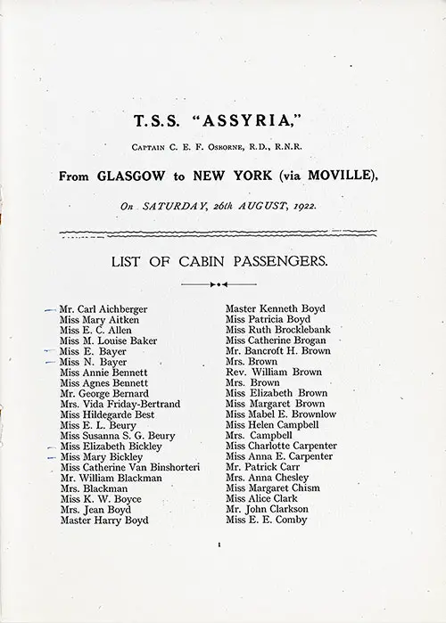 List of Passengers, Part 1, TSS Assyria Cabin Passenger List, 26 August 1922.