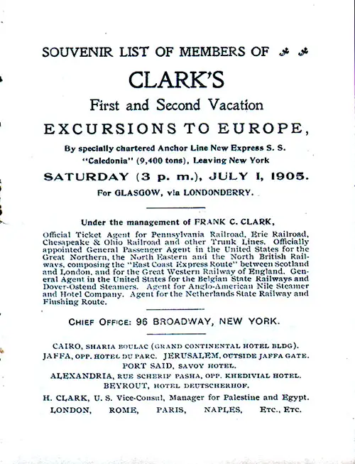 Title Page, SS Caledonia Clark's Excursions to Europe Cruise Members, 1 July 1905.