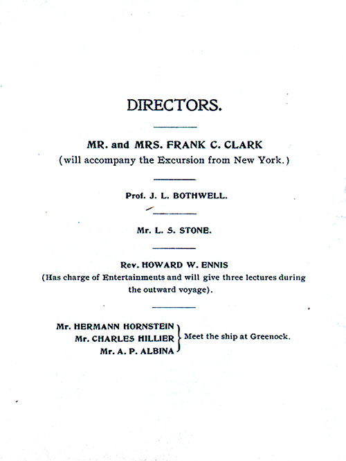 Cruise Directors, SS Caledonia Clark's Excursions to Europe Cruise Members, 1 July 1905.