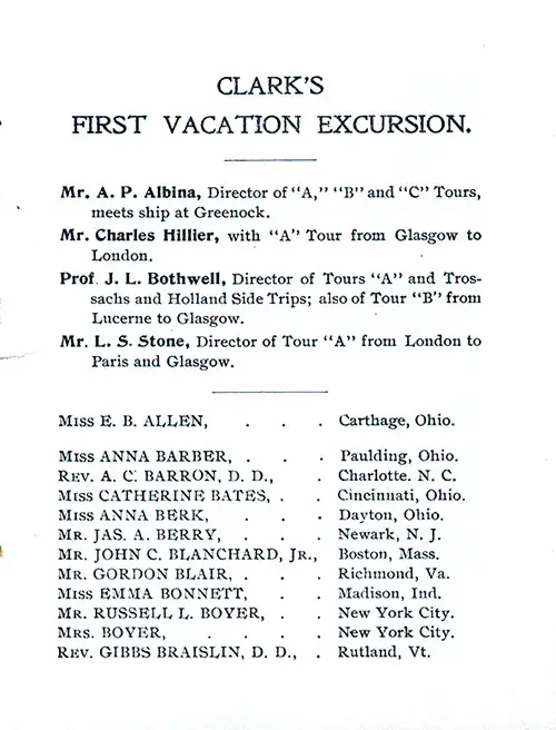 First Vacation Excursion Passengers, Part 1, SS Caledonia Clark's Excursions to Europe Cruise Members, 1 July 1905.