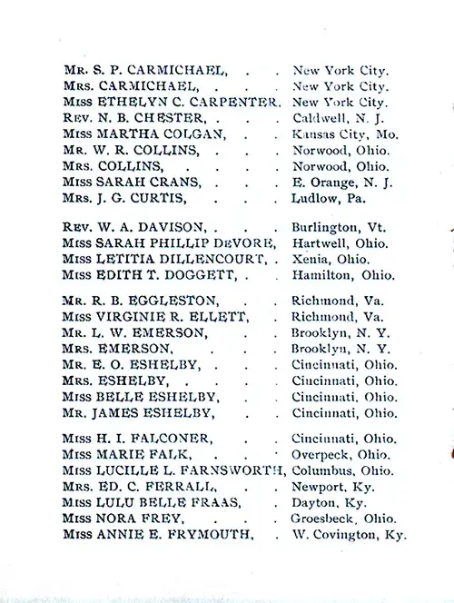 First Vacation Excursion Passengers, Part 2, SS Caledonia Clark's Excursions to Europe Cruise Members, 1 July 1905.