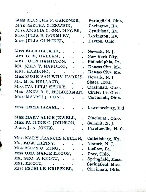 First Vacation Excursion Passengers, Part 3, SS Caledonia Clark's Excursions to Europe Cruise Members, 1 July 1905.