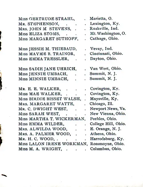 First Vacation Excursion Passengers, Part 5, SS Caledonia Clark's Excursions to Europe Cruise Members, 1 July 1905.
