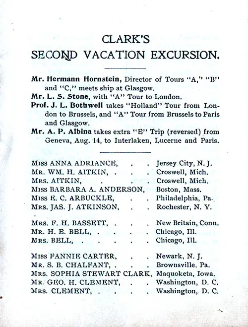 Clark's Second Vacation Excursion Passengers, Part 1, SS Caledonia Clark's Excursions to Europe Cruise Members, 1 July 1905.