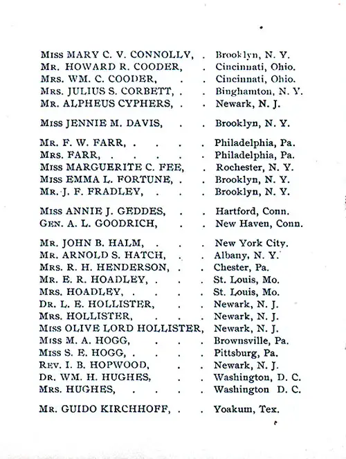 Clark's Second Vacation Excursion Passengers, Part 2, SS Caledonia Clark's Excursions to Europe Cruise Members, 1 July 1905.